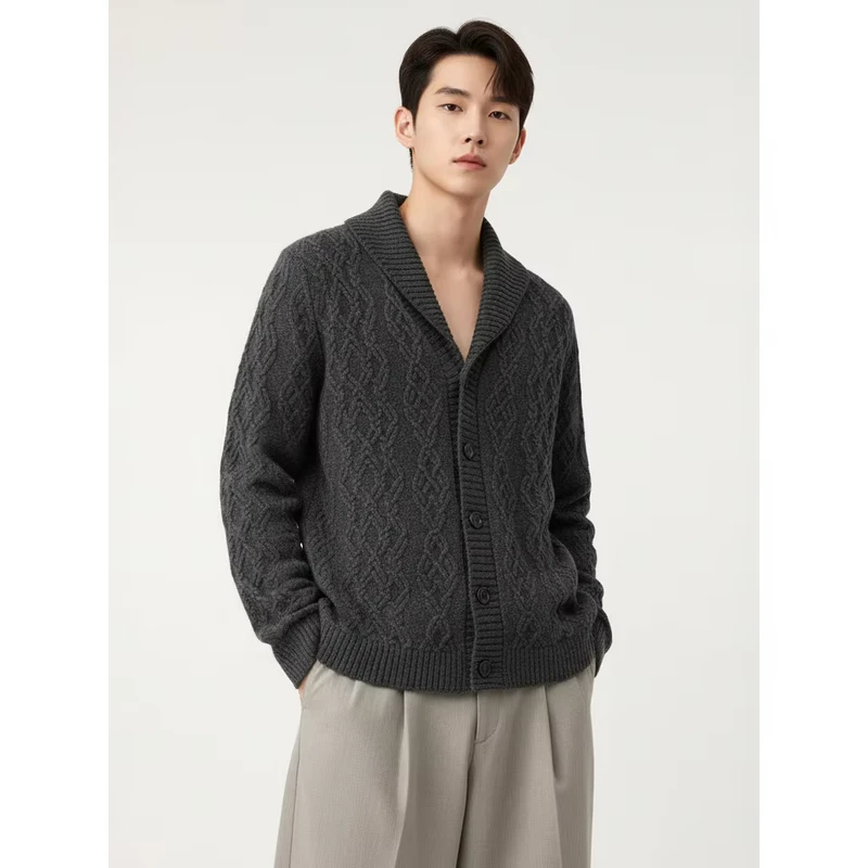 Custom Men's Wool Button-Design Turn-Down Collar Cardigan Sweater