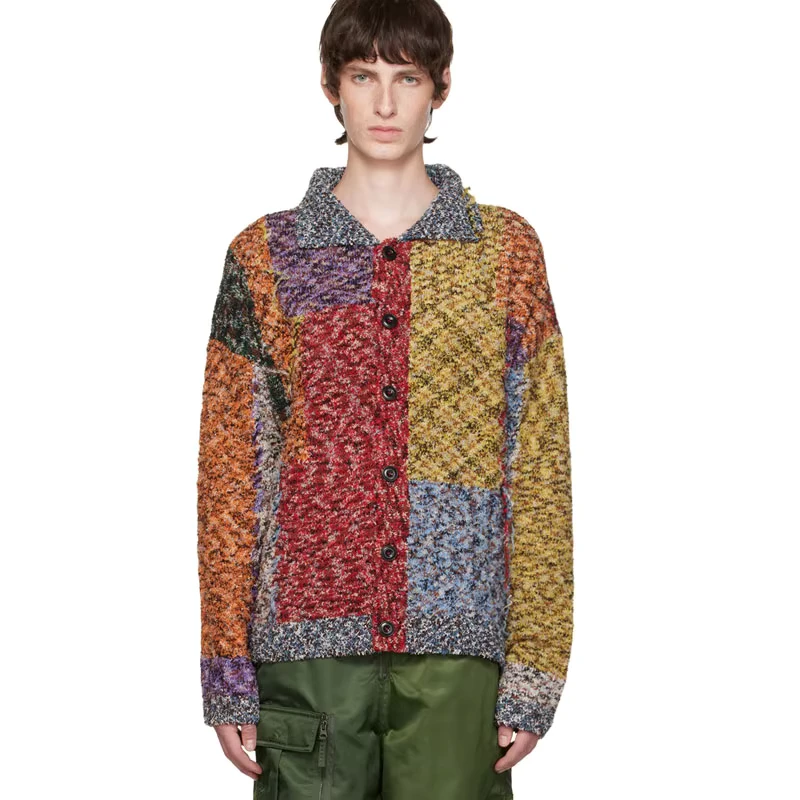 Custom Multi-Color Patchwork Lapel Knit Cardigan Sweater