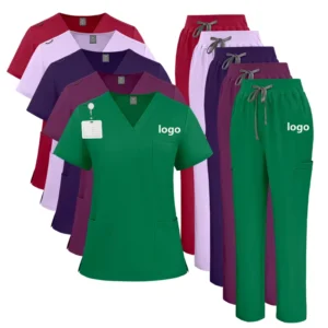 Custom Navy Blue Unisex Hospital Scrub Suits Elastic Waistband V-Neck Short-Sleeve