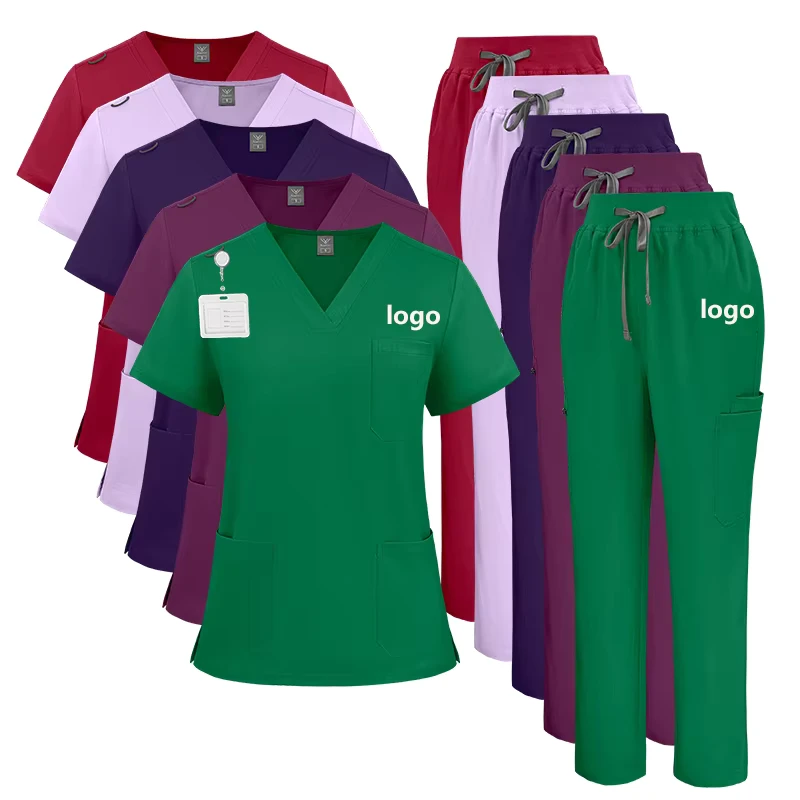 Custom Navy Blue Unisex Hospital Scrub Suits Elastic Waistband V-Neck Short-Sleeve