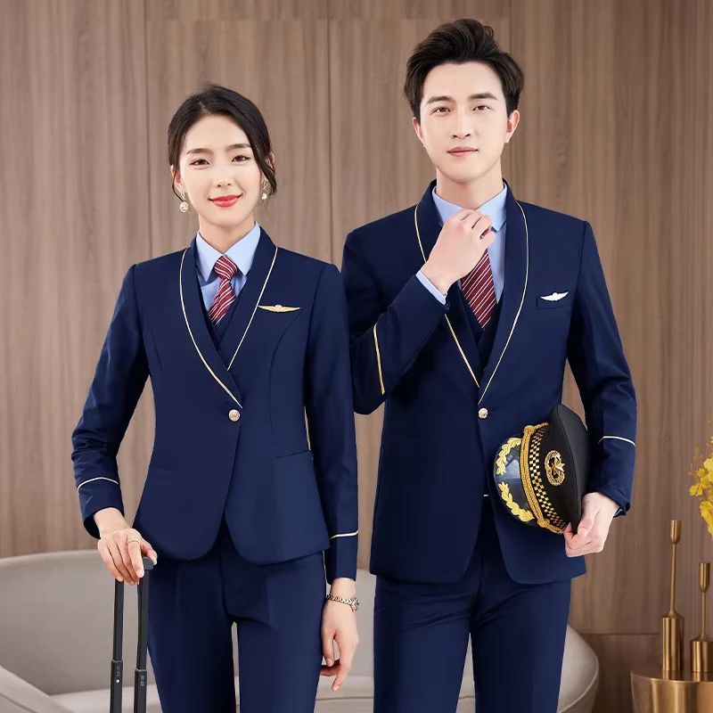 Custom New Airline Flight Attendant Pilot Suit Uniform Professional Wear Men's Women's (Jacket+shirt+ Pants) Polyester