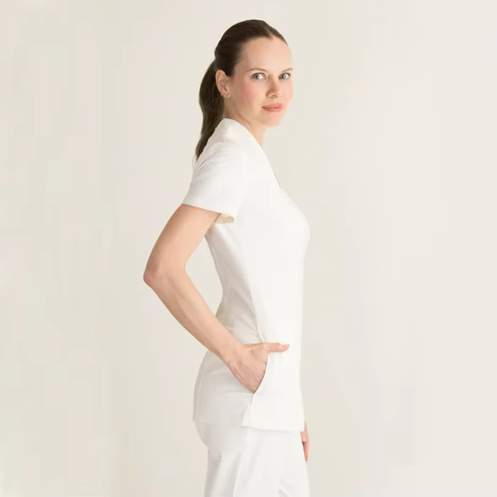 Custom New Beauty Nail Salon Scrub Uniform 2 Pieces Soft Luxury V Neckline Short Sleeve Beautician Spa Uniform for Women