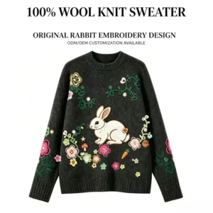 Custom ODM 100% Wool Rabbit Embroidery Crewneck Sweater OEM Knitwear with Unique Forest Motifs No Copyright Infringement