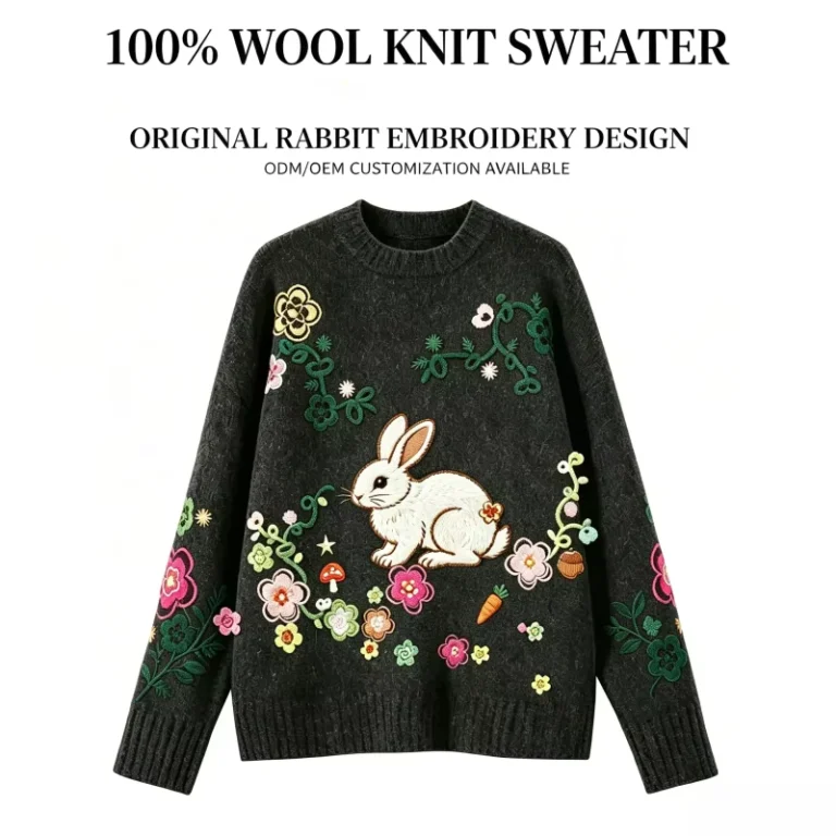 Custom-ODM-100-Wool-Rabbit-Embroidery-Crewneck-Sweater-OEM-Knitwear-with-Unique-Forest-Motifs-No-Copyright-Infringement