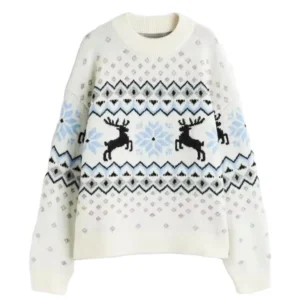 Custom OEM Jacquard Pattern Women Knit Christmas Sweater 100% Cotton Round Neck Xmas High Quality 7GG Cozy Sweater