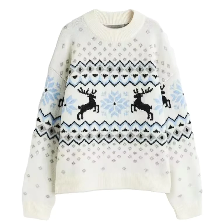 Custom-OEM-Jacquard-Pattern-Women-Knit-Christmas-Sweater-100-Cotton-Round-Neck-Xmas-High-Quality-7GG-Cozy-Sweater