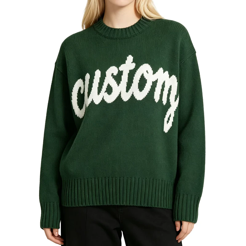 Custom OEM ODE Ladies LetterJacquard Knit Women's Sweater Casual Crew Neck Long Women's Knitted Sweater