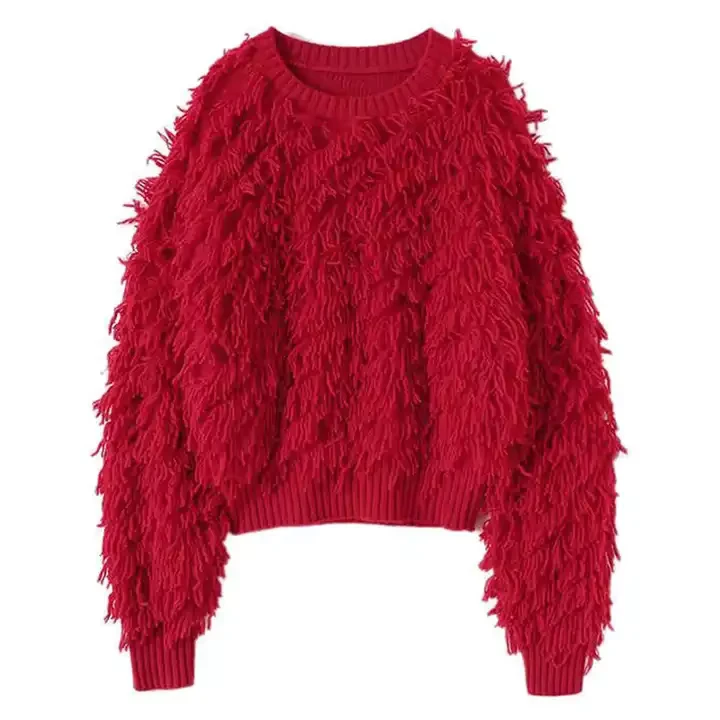 Custom OEM ODM Christmas Women's Crewneck Red Cashmere Sweater Winter Fringe Thickened Cotton Sweater