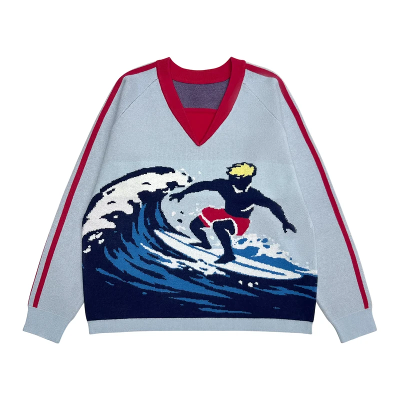 Custom OEM ODM Logo Sweater Women Jacquard Design Knitwear Ladies Knitted Girls Pullover V Neck Knit Top