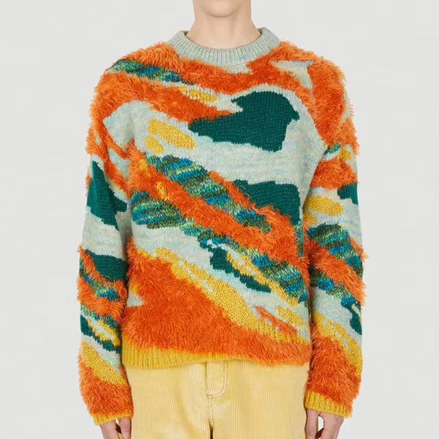 Custom OEM/ODM Men's Intarsia Mohair-Blend Multicolour Winter Pullover Sweater