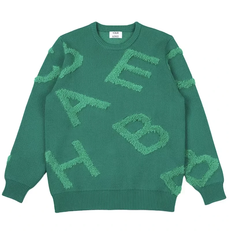 Custom OEM ODM Men's Winter Letter Pattern Anti Pilling Front Logo Pullover Sweater 100% Cotton Long Sleeve