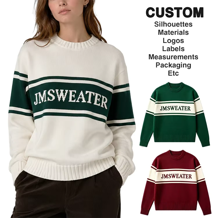 Custom-OEM-ODM-Preppy-Style-Striped-Cotton-Golf-Rugby-Sweater-Letter-Jacquard-Knit-Pullover-Crew-Neck-Women-Knitted-Sweater
