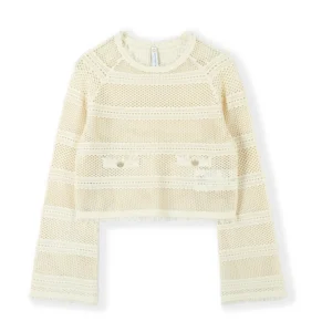 Custom OEM ODM Women’s Luxury Elegant Ribbed Crew Neck Long Sleeve Pullover Sweater Metal Buttons Big Hole Pocket Fringe