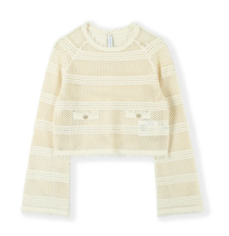 Custom-OEM-ODM-Womens-Luxury-Elegant-Ribbed-Crew-Neck-Long-Sleeve-Pullover-Sweater-Metal-Buttons-Big-Hole-Pocket-Fringe