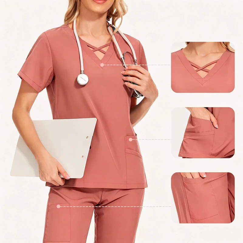 Custom OEM Unisex Medical Scrub Uniform 2 Way Stretch V Neck Multi Pocket Yoga Waist Nurse Outfit