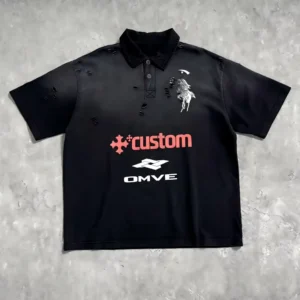 Custom Oversized Polo T Shirt Men 275gsm Heavyweight Cotton Distressed Vintage Wash Digital Print OEM ODM Streetwear Tee