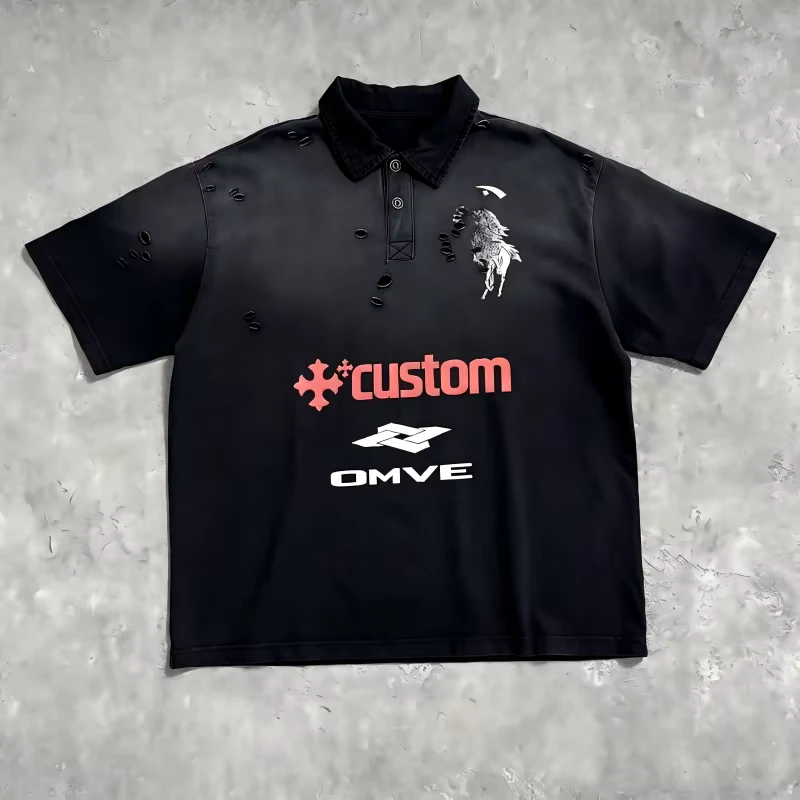 Custom Oversized Polo T Shirt Men 275gsm Heavyweight Cotton Distressed Vintage Wash Digital Print OEM ODM Streetwear Tee