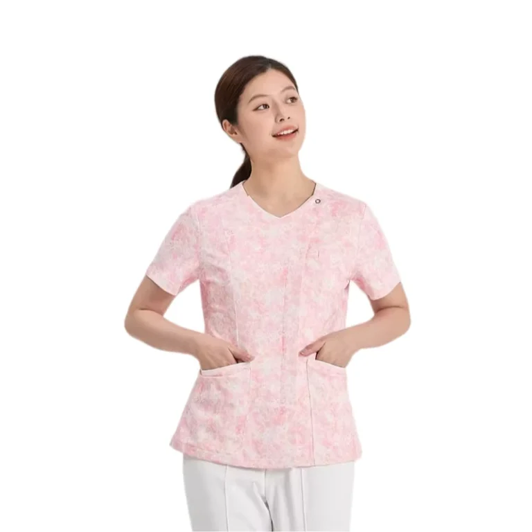 Custom-Pink-Printed-Womens-Short-Sleeve-Nurse-Uniform-Polyester-Dobby-Fabric-Hospital-Use