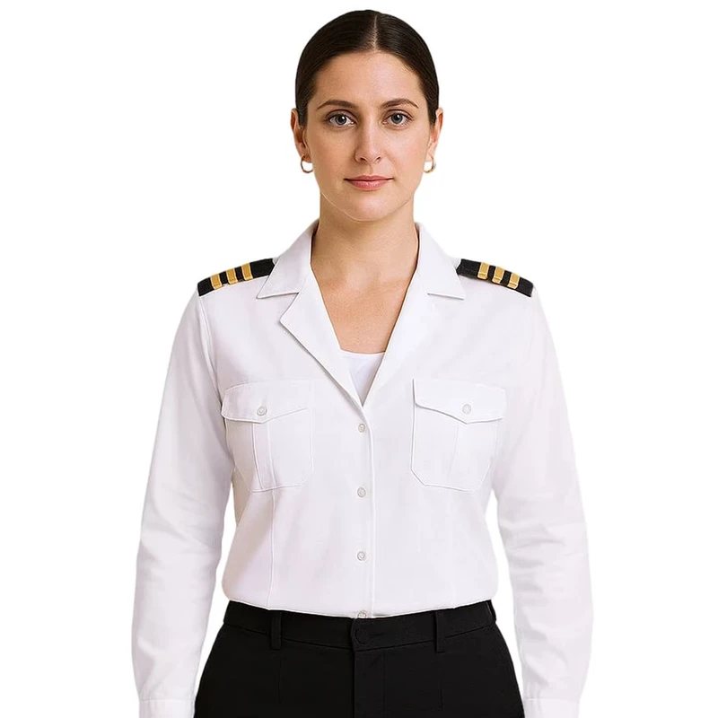 Custom Poly Cotton Long Sleeve White Pocket Epaulet Reinforced Professional Formal Easy Care Womens Pilot Shirt