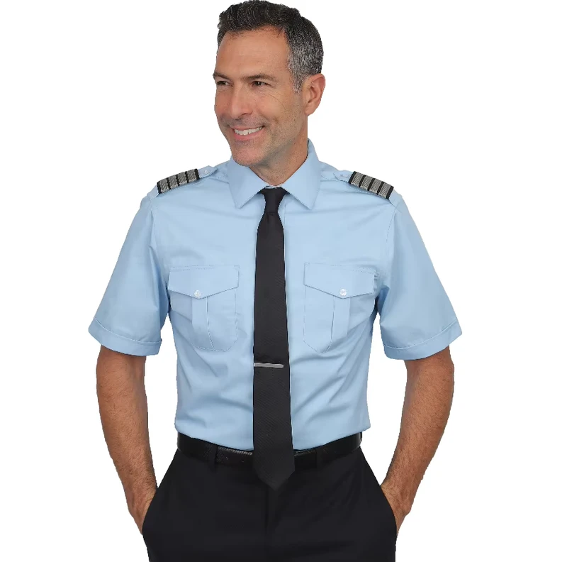 Custom Polycotton Men's Short Sleeve Blue Airline Pilot Uniform Shirt