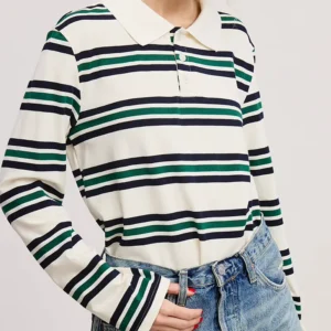 Custom Preppy Vintage Casual Pique Knit Polo Shirt Regular Fit Classic Women Striped White Collar Long Sleeve Polo Sweatshirt