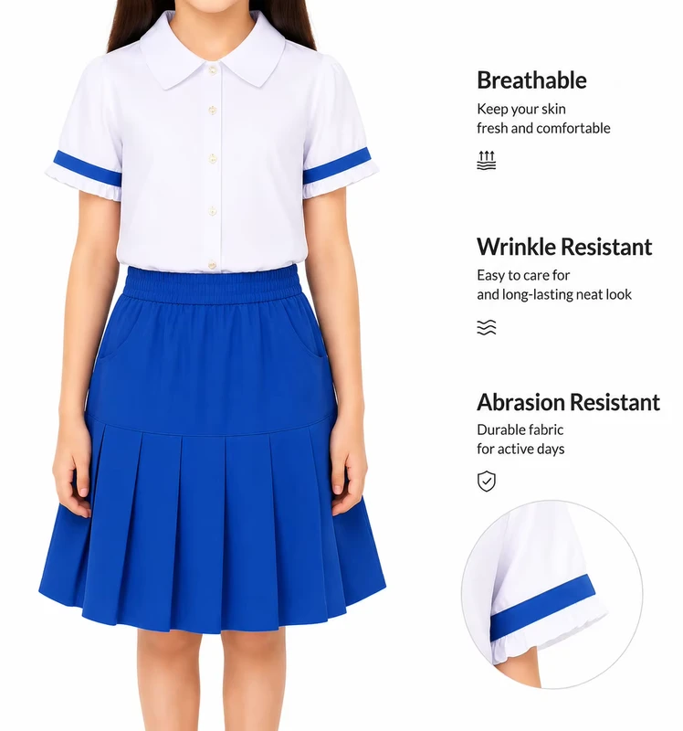 Custom-Primary-School-Uniform-Dress-Girls-Polyester-Blend-Short-Sleeve-School-Uniform-for-Kids-Durable-Wrinkle-Resistant-OEM