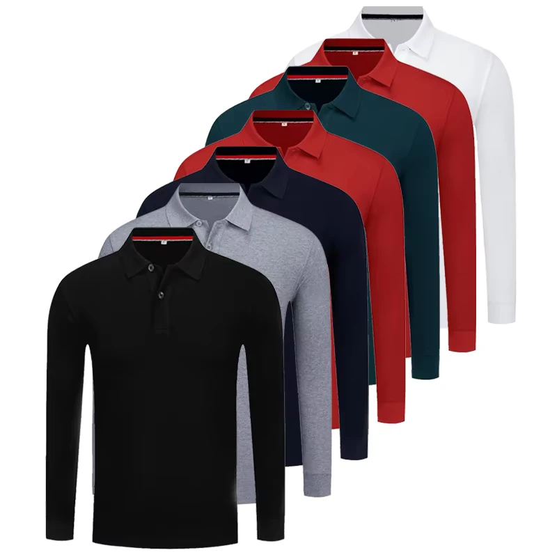 Custom Printed Logo Men's Long Sleeve Polo Shirts Knitted Work Uniform Cotton Golf Polo T Shirt with Embroidered Logo