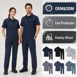Custom Quick Dry Nylon Spandex Short Sleeve Workwear Set with Perforated Breathable Side Panels Technician Warehouse Logistics
