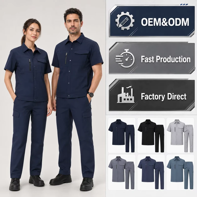 Custom Quick Dry Nylon Spandex Short Sleeve Workwear Set with Perforated Breathable Side Panels Technician Warehouse Logistics