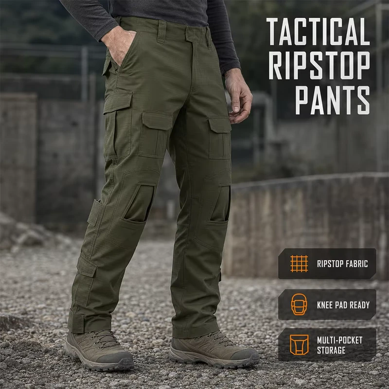 Custom Ripstop Tactical Cargo Pants Men Waterproof Breathable 65/35 Poly-Cotton Combat Trousers with Knee Pads OEM