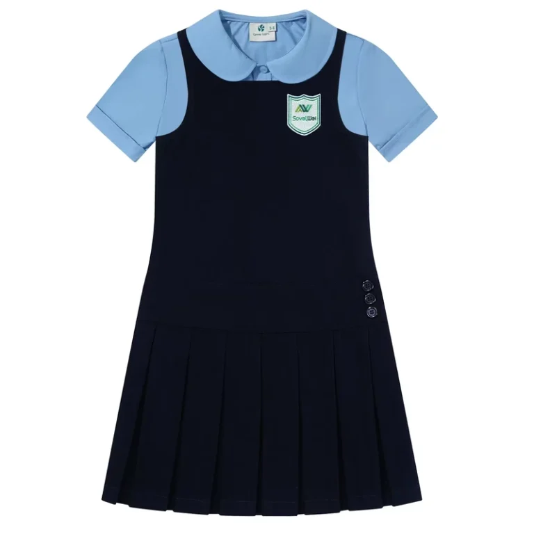 Custom-School-Logo-OEM-ODM-2-Piece-Short-Sleeve-Shirt-and-Pinafore-Uniform-Set-for-Girls