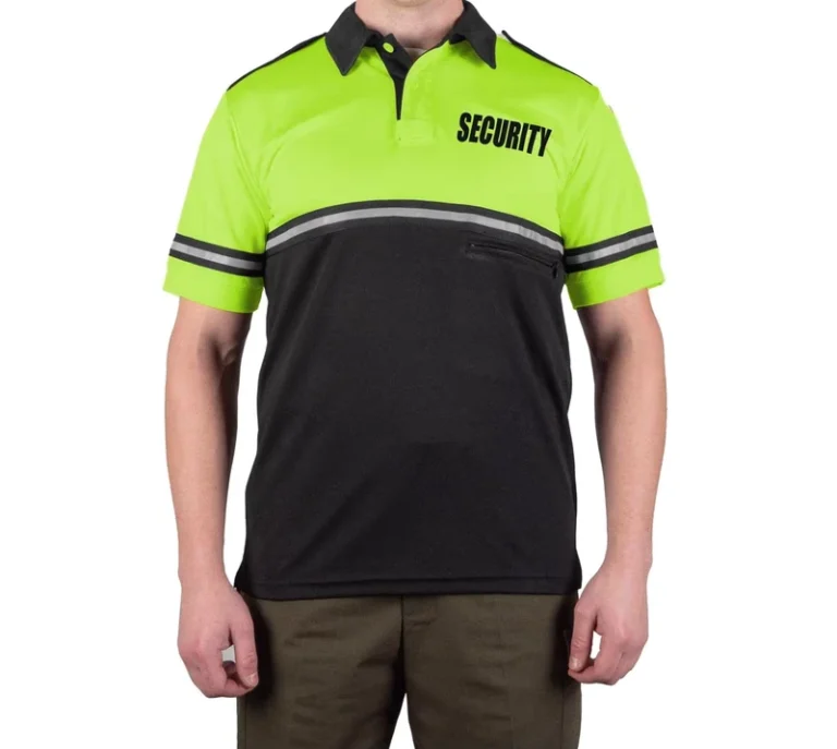 Custom-Security-Uniform-Polo-Shirts-Two-Tone-Bike-Patrol-Hi-Vis-T-Shirt-Polos-for-Men-With-Reflective-Stripes-Zipper-Pocket