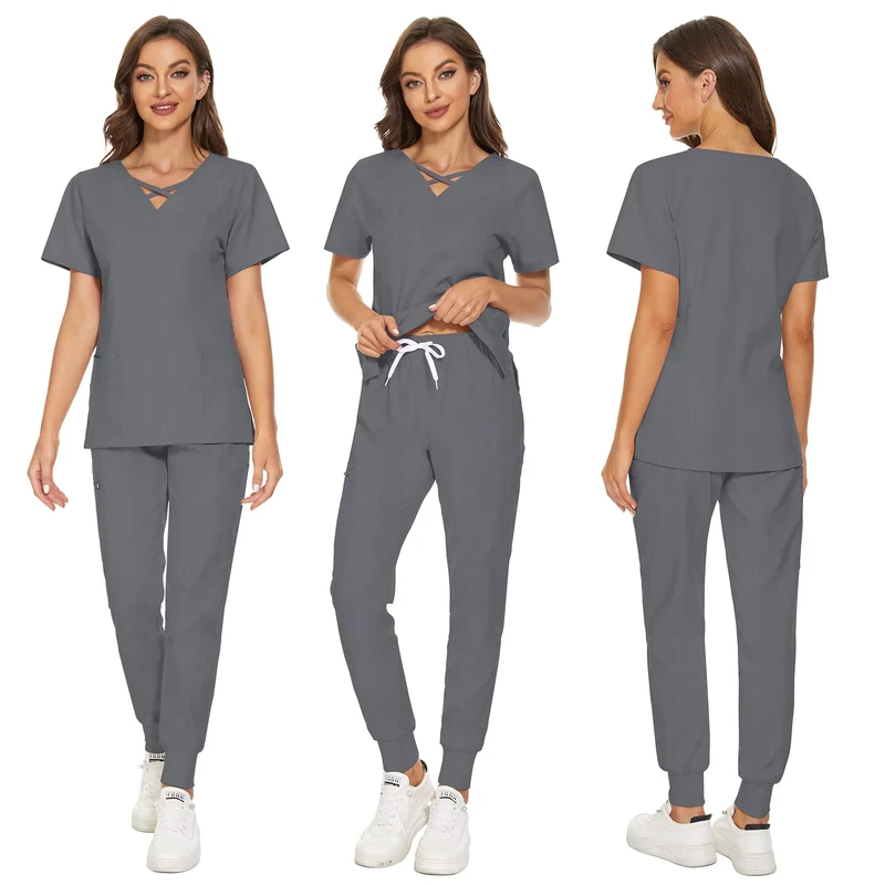 Custom Spandex Knitted V Neck Scrub Tops Drawstring Jogger Pants Nursing Scrubs Hospital Uniforms Women Medical Scrubs