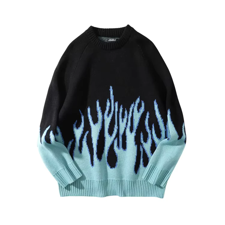 Custom-Streetwear-Knitted-Sweater-Men-Couple-Outfit-Oversized-Fire-Jacquard-Sweater