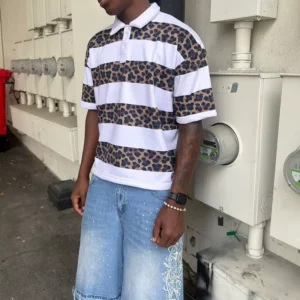 Custom Streetwear Striped T Shirt Contrast Striped Polo T-shirt Oversized Short Sleeve Leopard Print Stripes Tshirt For Men