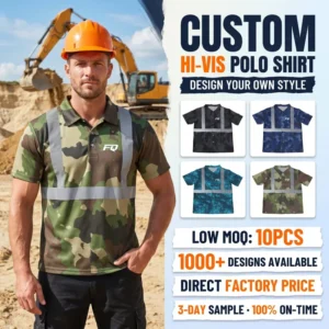 Custom Sublimated Hi Vis Polo Shirt Mens Camo Camouflage Reflective Tape Safety Work Shirt Hunting Forestry Tactical Workwear