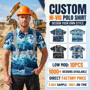 Custom Sublimated Hi Vis Polo Shirt Mens Ocean Wave Paisley Print Reflective Tape Safety Work Shirt Streetwear Fishing Workwear
