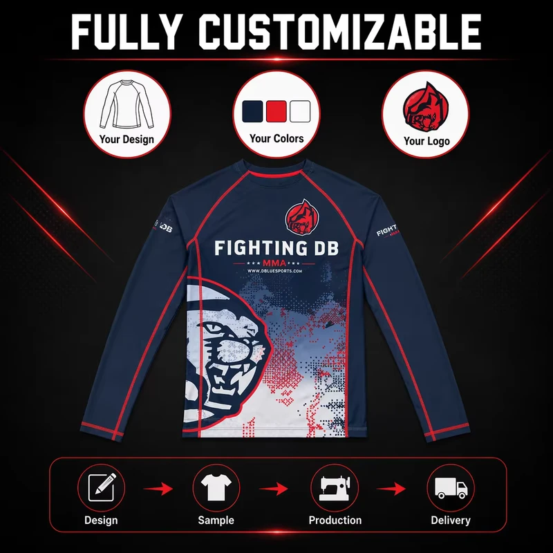 Custom Sublimated MMA Rash Guard Long Sleeve Compression Shirt Men BJJ Jiu Jitsu Fight Wear OEM Factory