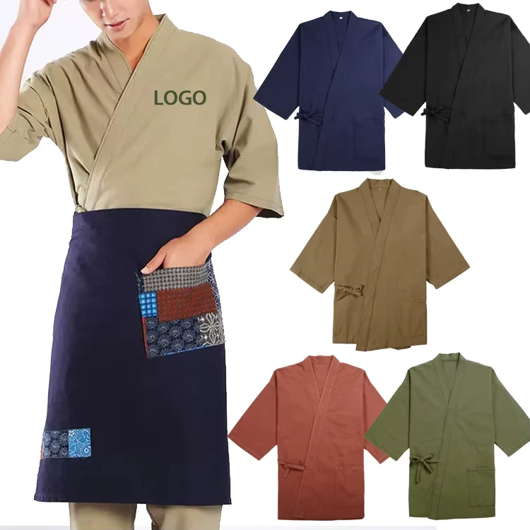 Custom Sushi Wait Staff Workwear Unisex Japanese Cuisine Woven Washed Cotton Kimono Chef Uniform for Restaurant Server