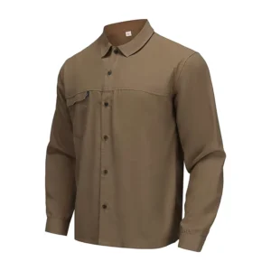 Custom UPF 50 Breathable Waterproof Quick Dry Long Sleeve Plaid Brown Button Up 100% Polyester Fishing Shirt