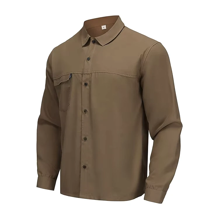 Custom-UPF-50-Breathable-Waterproof-Quick-Dry-Long-Sleeve-Plaid-Brown-Button-Up-100-Polyester-Fishing-Shirt