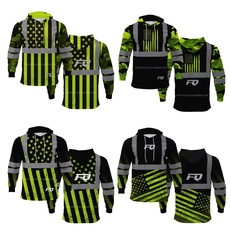 Custom USA Flag Safety Sweatshirts Men Hi Vis Hooded Jackets Work Shirt With Fleece High Visibility Pullover Hoodie