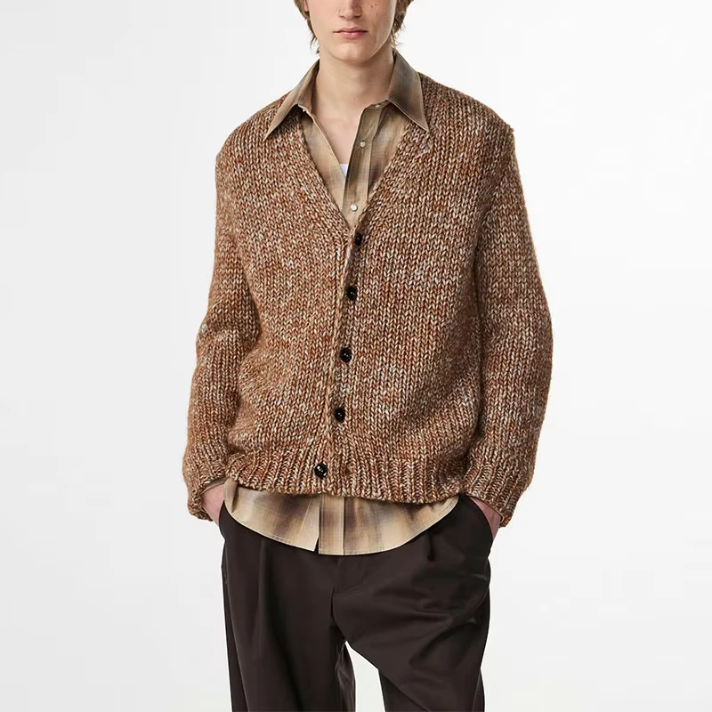 Custom Unisex Cotton Linen V-Neck Sweater Hand Knitted Vintage Wash Cardigan for Men Knitted Vintage Men's Sweater