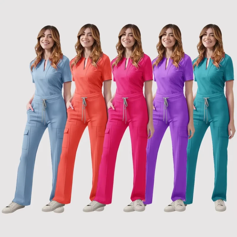 Custom V Neck Scrubs Uniforms Sets ShortSleeve Banded Waist Woman Female Nursing Scrubs With Cargo Pants