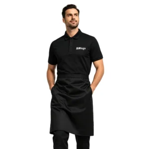 Custom Waterproof Oil-Resistant Black Barista Uniform 3-Piece Set with Polo Shirt, Apron, and Pants