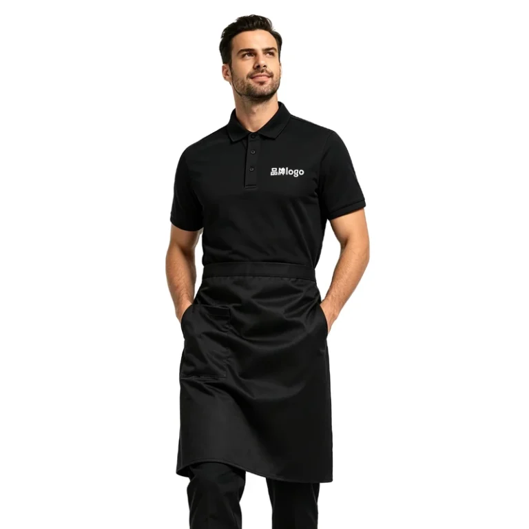 Custom-Waterproof-Oil-Resistant-Black-Barista-Uniform-3-Piece-Set-with-Polo-Shirt-Apron-and-Pants