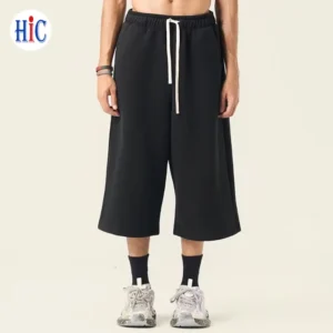Custom Wide-Leg Men’s Cropped Pants 350gsm Fleece Drawstring Pockets Heavy Streetwear Hip-Hop Winter Sweatpants