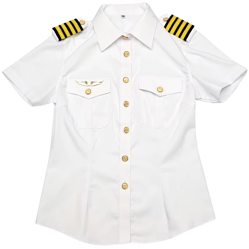 Custom Women's Airline Pilot Uniform Shirt White with Epaulettes Short Sleeves Airline Uniforms