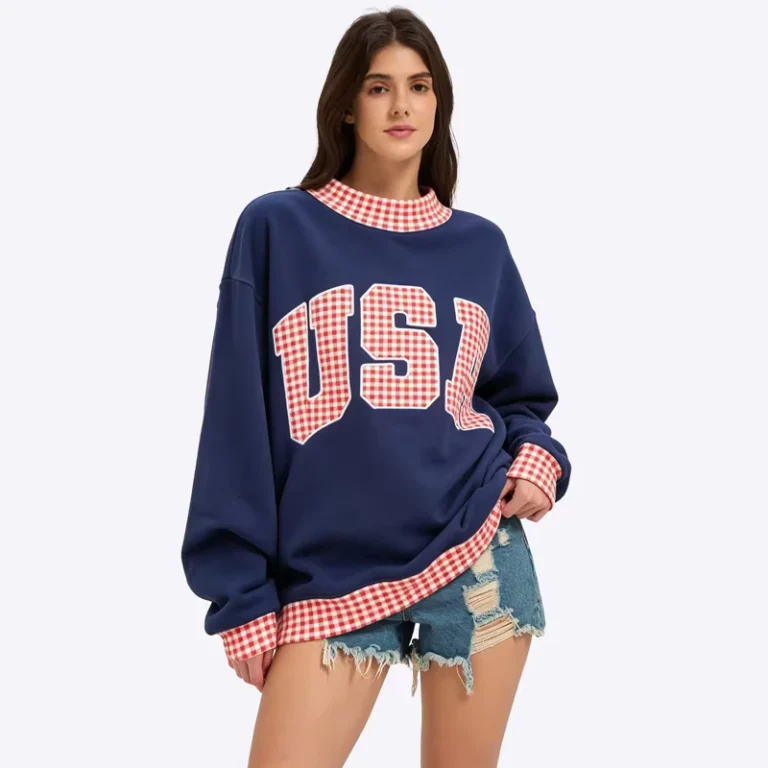 Custom-Womens-Gingham-Color-Block-Crew-Neck-Drop-Shoulder-Loose-USA-Gingham-Letter-Applique-Pullover-Sweatshirt-Manufacturer