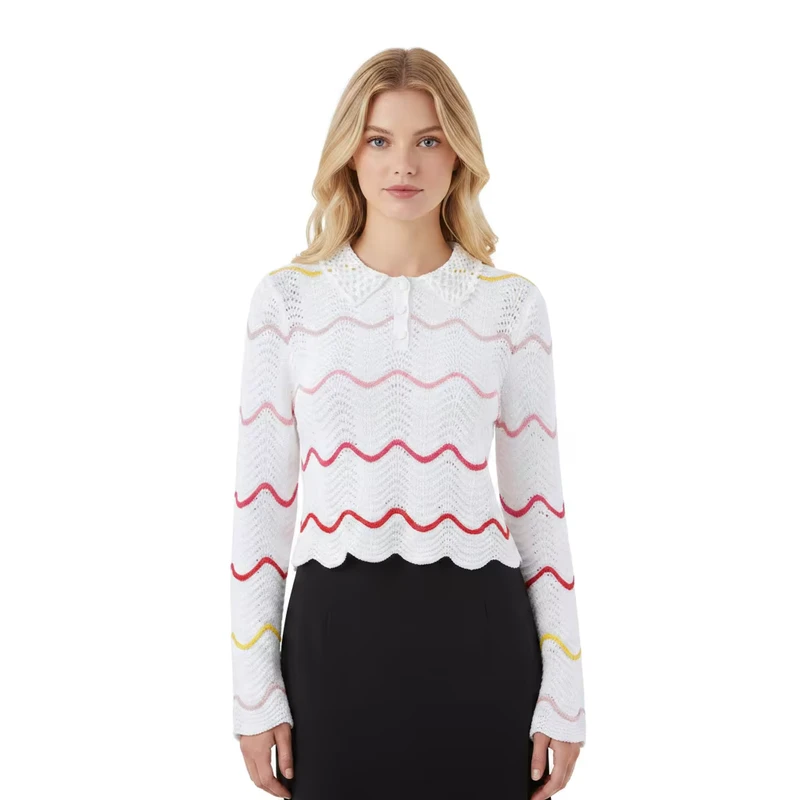Custom Women's Knit Sweater Peter Pan Collar Wave Stripe Jacquard